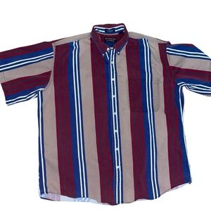 Vintage Men's Striped Western Work Shirt button up Red, Blue & Tan Cotton Cowboy